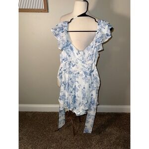 Altar State Floral Ruffle Off Shoulder Mini Romper Blue White Smocked